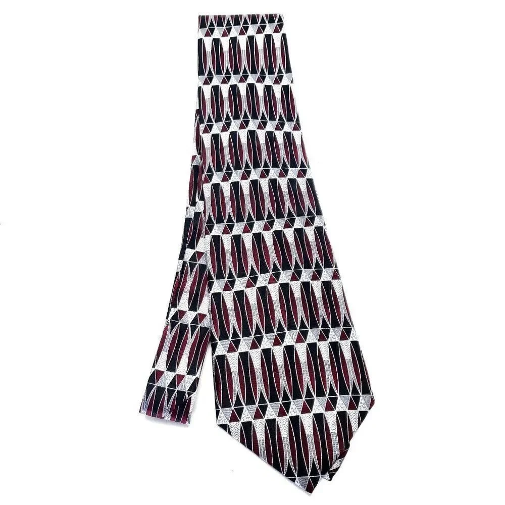 Pierre Cardin Red Gray Silk Tie Woven Short Wide Geometric‎
